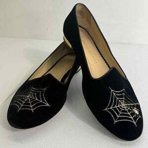 Charlotte Olympia Black velvet web smocking flats with gold heels